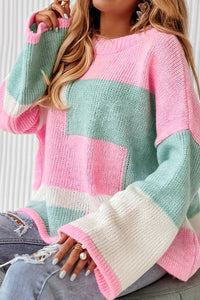 Nova Color Block Round Neck Drop Shoulder Sweater