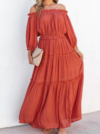 Camille Ruffle Trim Off Shoulder Long Sleeve Maxi Dress