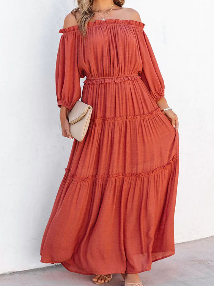 Camille Ruffle Trim Off Shoulder Long Sleeve Maxi Dress