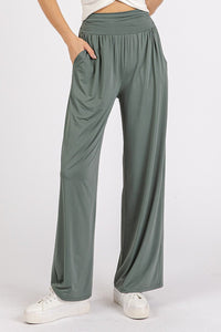 Brittany Stretch Banded Waist Wide Leg Pants with Pockets