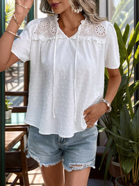 Bailee Swiss Dot Tie Neck Short Sleeve Blouse