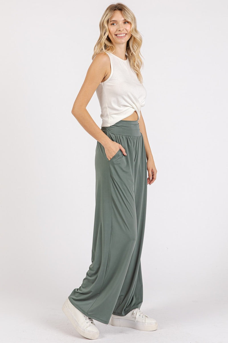 Brittany Stretch Banded Waist Wide Leg Pants with Pockets