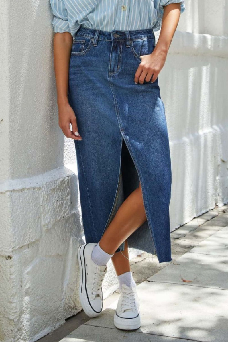 Heaven Slit Raw Hem Midi Denim Skirt