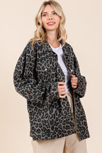 Aliyah Leopard Button Up Denim Shacket with Breast Pockets