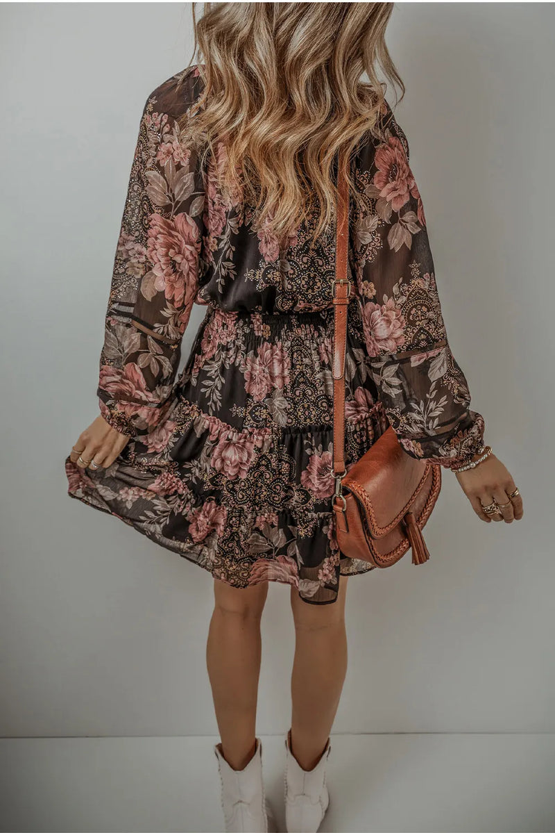 Skye Printed Tie Neck Long Sleeve Mini Dress