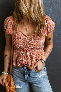 Kenna Drawstring Floral V-Neck Short Sleeve Blouse