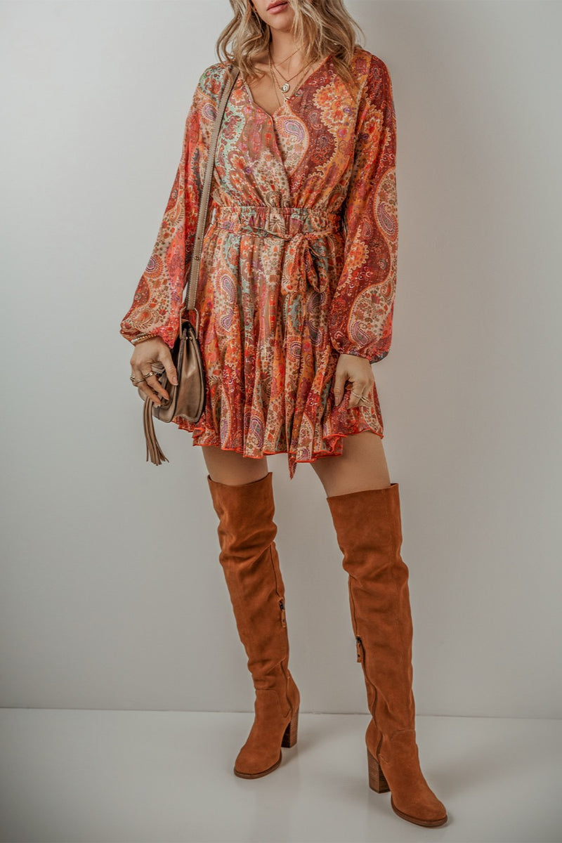 Thalia Printed Surplice Long Sleeve Mini Dress