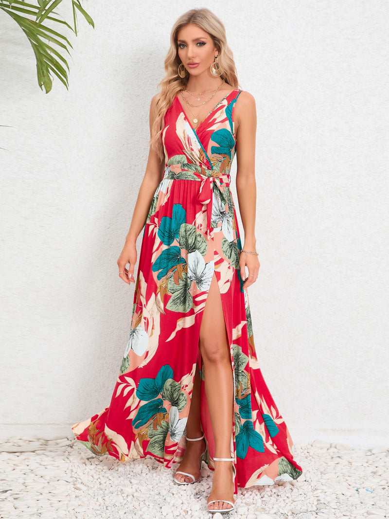 Ariyah Slit Tied Printed Surplice Dress