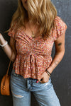 Kenna Drawstring Floral V-Neck Short Sleeve Blouse