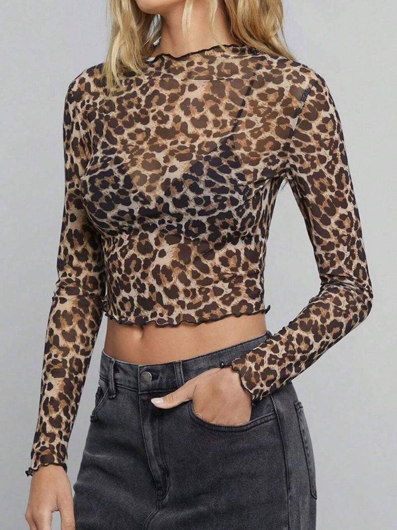 Iris Leopard Mock Neck Long Sleeve Sheer Top