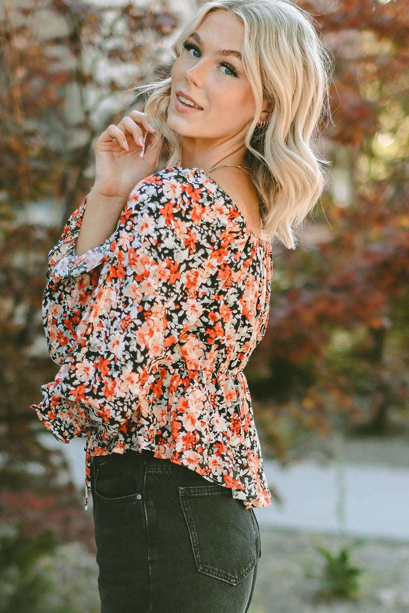 Ruby Floral Tied Flounce Sleeve Peplum Blouse