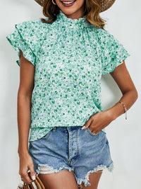 Journey Ditsy Floral Mock Neck Flounce Sleeve Blouse