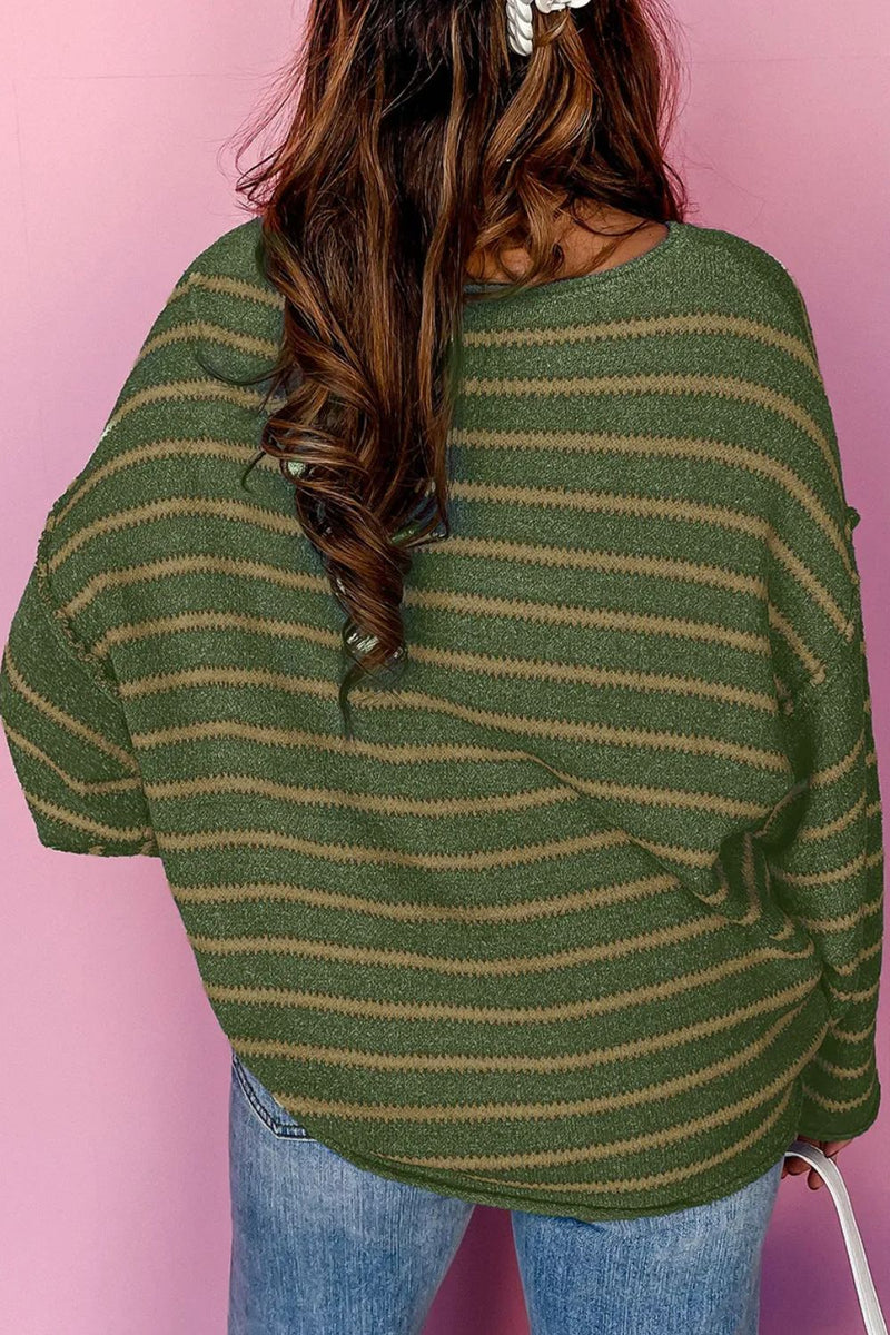 Saige Striped Round Neck Dropped Shoulder Sweater