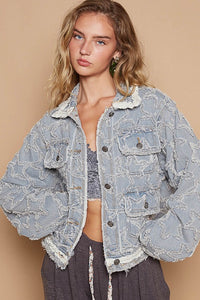 Amara Star Textured Raw Hem Long Sleeve Denim Jacket