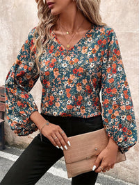 Estella Printed V-Neck Balloon Sleeve Blouse