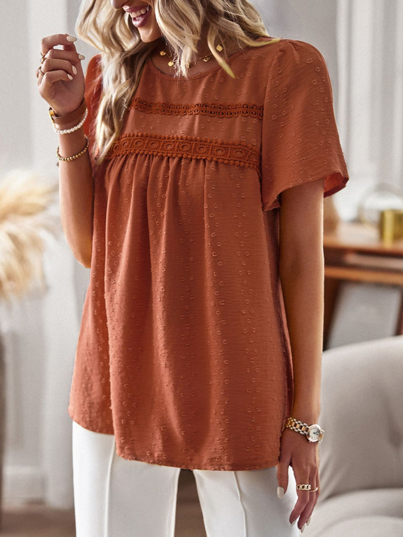 Callie Lace Detail Round Neck Short Sleeve Blouse