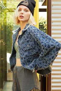 Sloane Flower Textured Raw Hem Long Sleeve Denim Jacket