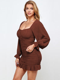 Jacqueline Ruffled Ruched Flounce Sleeve Mini Dress