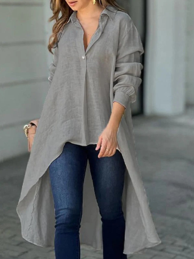 Sara High-Low Collared Neck Long Sleeve Shirt