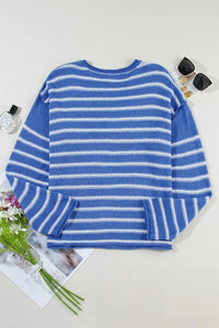 Saige Striped Round Neck Dropped Shoulder Sweater