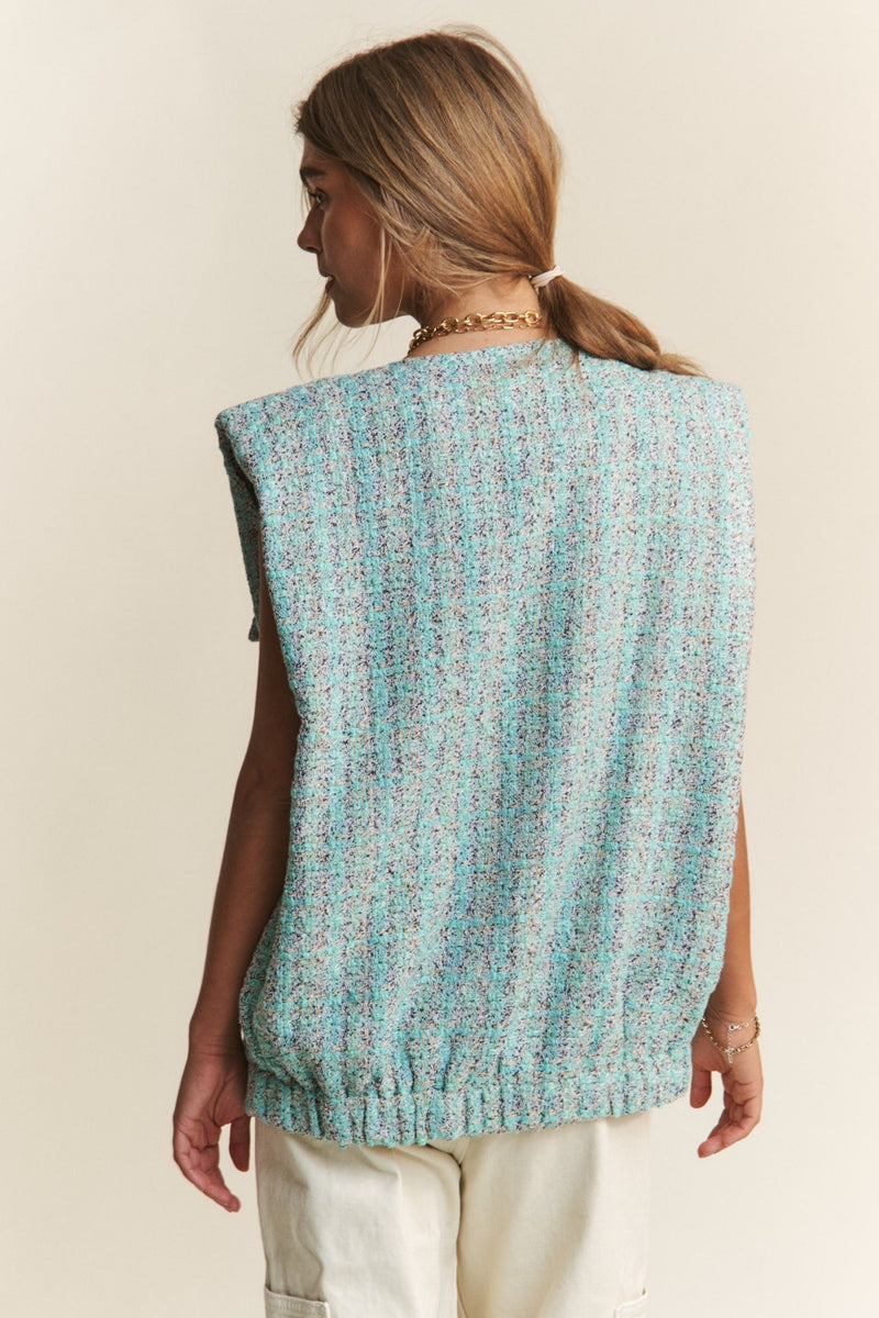 Myra Frayed Tweed Padded Shoulder Vest