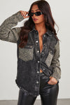 Rowyn Raw Hem Leopard Snap Down Denim Jacket