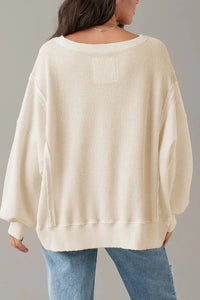 Karsyn Slit Waffle-Knit Round Neck Long Sleeve Top