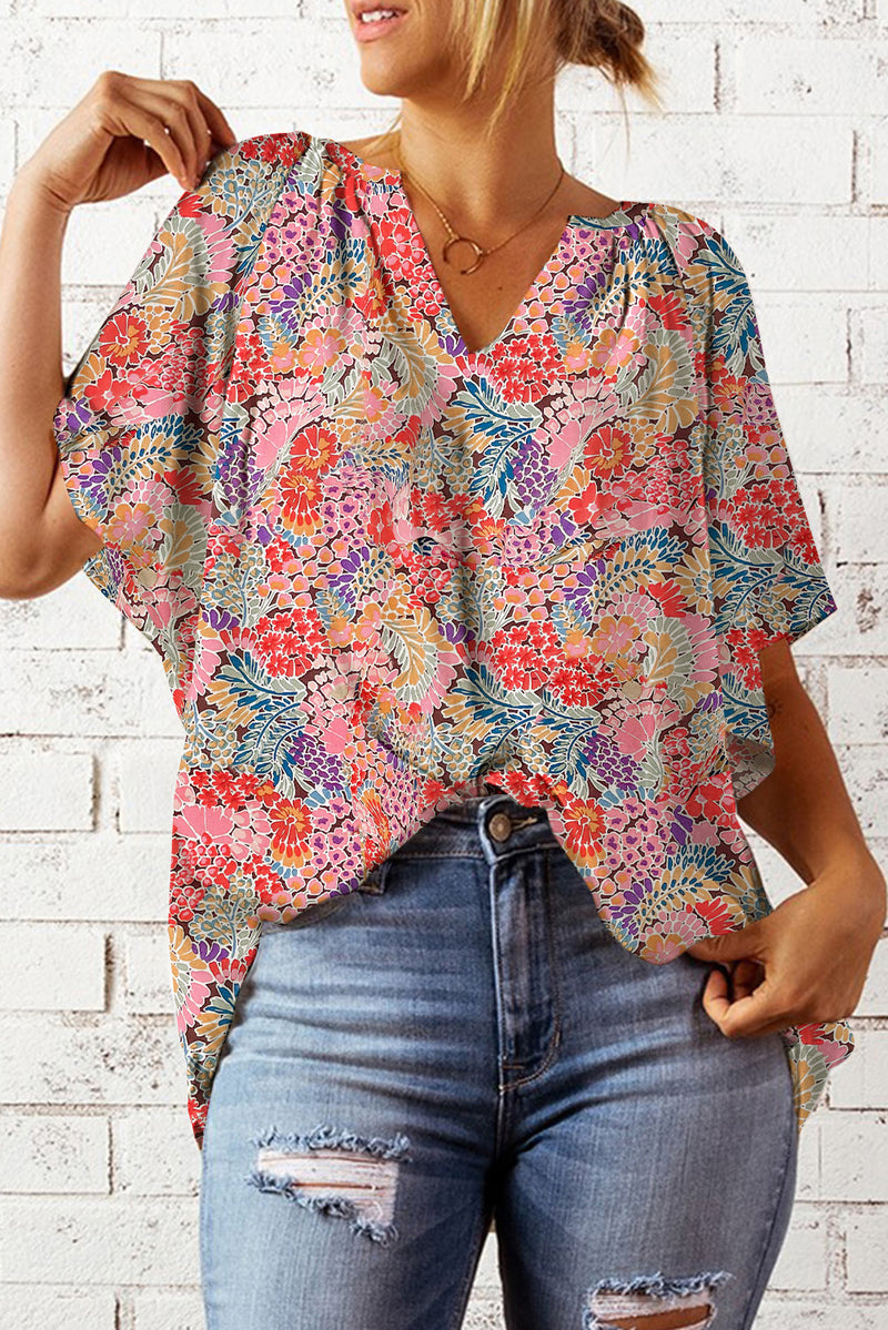 Kassidy Floral Notched Neck Flutter Sleeve Blouse