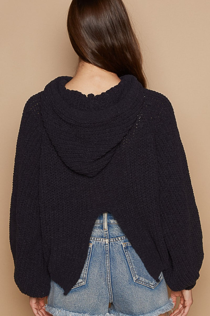 Aurelia Back Open Slit Balloon Sleeve Crop Hooded Sweater