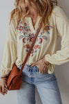 Catherine Embroidered Notched Long Sleeve Blouse