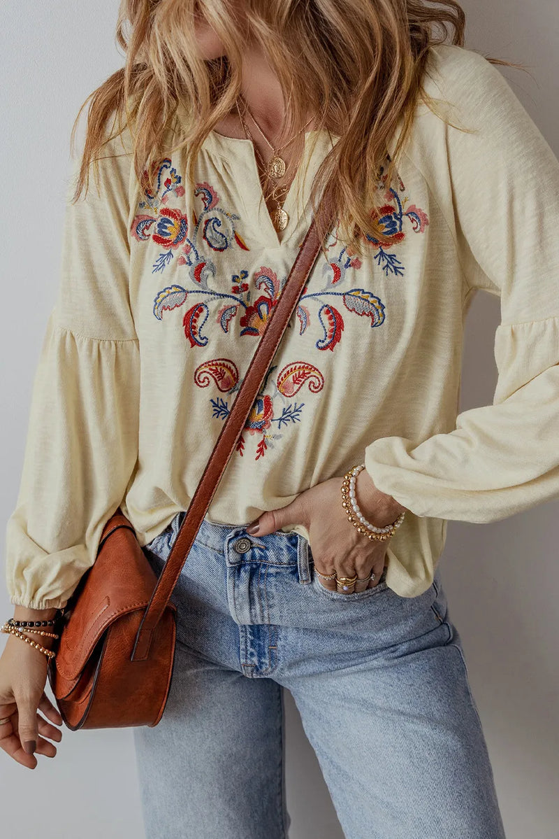 Catherine Embroidered Notched Long Sleeve Blouse