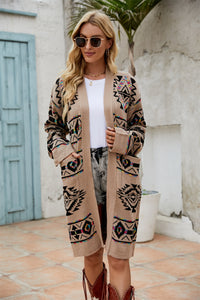 Noelle Pocketed Geometric Open Front Dropped Shoulder Cardigan