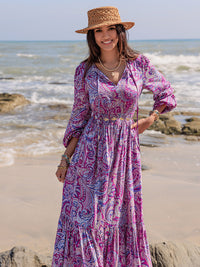 Michaela Printed Tie Neck Balloon Sleeve Maxi Dress