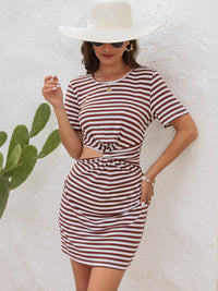 Raven Cutout Striped Round Neck Short Sleeve Dress