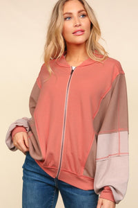 Flora Zip Up Color Block Bomber Jacket with Side Pockets