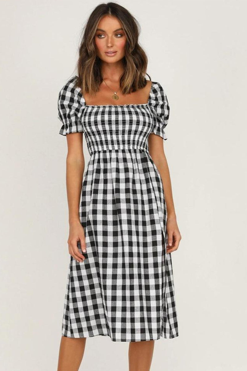 Lilyana Slit Plaid Short Sleeve Midi Dress