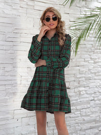 Rhea Ruffle Hem Plaid Button Down Long Sleeve Dress