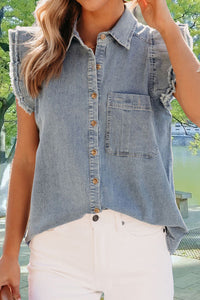 Hana Raw Hem Button Up Cap Sleeve Denim Top