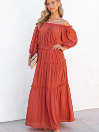 Camille Ruffle Trim Off Shoulder Long Sleeve Maxi Dress