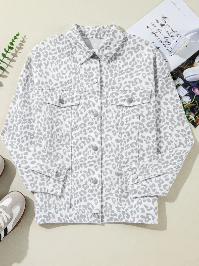 Melody Leopard Button Up Long Sleeve Denim Jacket