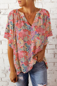 Kassidy Floral Notched Neck Flutter Sleeve Blouse