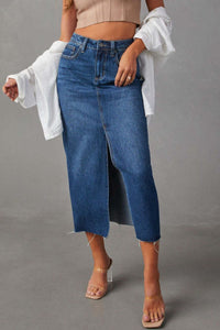 Heaven Slit Raw Hem Midi Denim Skirt