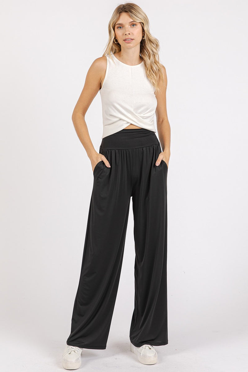 Allyson Stretch Banded Waist Wide Leg Pants with Pockets