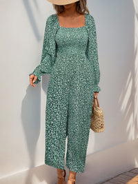 Lilian Smocked Printed Long Sleeve Wide Leg Jumpsuit