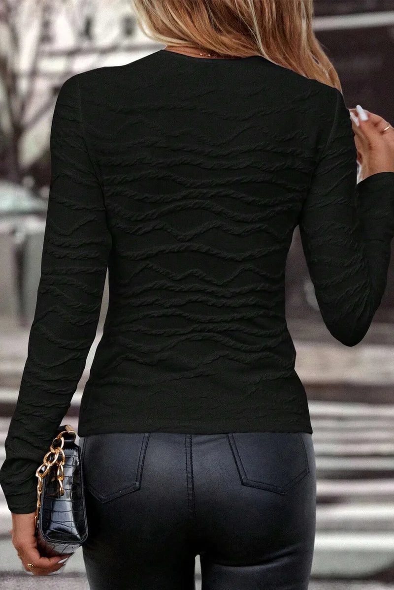 Gracie Textured Round Neck Long Sleeve Blouse