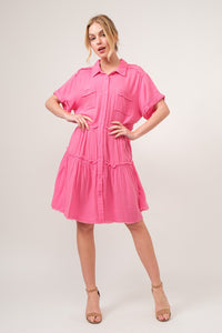 Alina Raw Edge Washed Tiered Shirt Dress