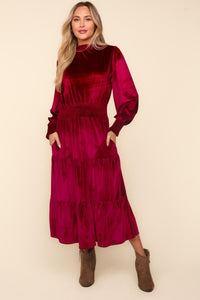 Estelle Mock Neck Smocked Waist Velvet Tiered Dress