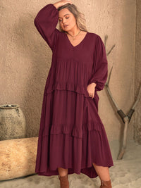 Alayah Plus Size Ruffled V-Neck Long Sleeve Dress