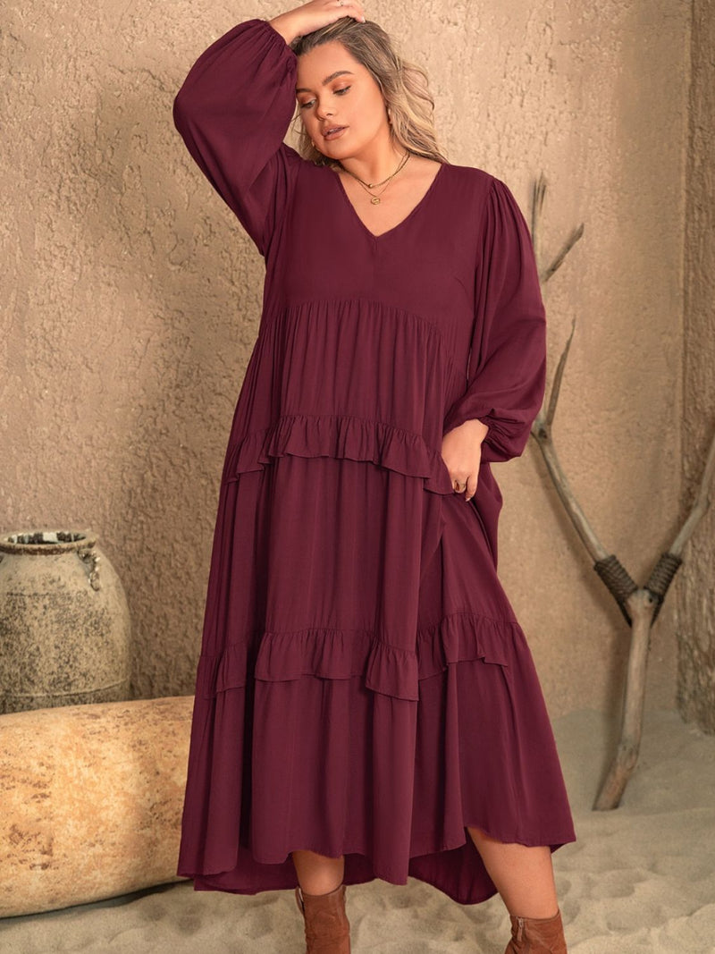 Alayah Plus Size Ruffled V-Neck Long Sleeve Dress