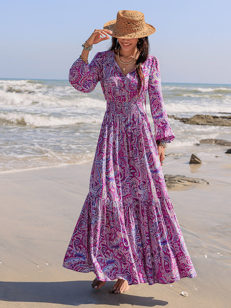 Michaela Printed Tie Neck Balloon Sleeve Maxi Dress